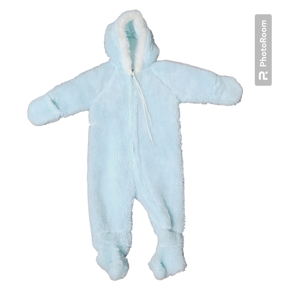 Vintage 80s 90s Baby Boy Blue Faux Fur Winter Footed Jumpsuit One Piece
